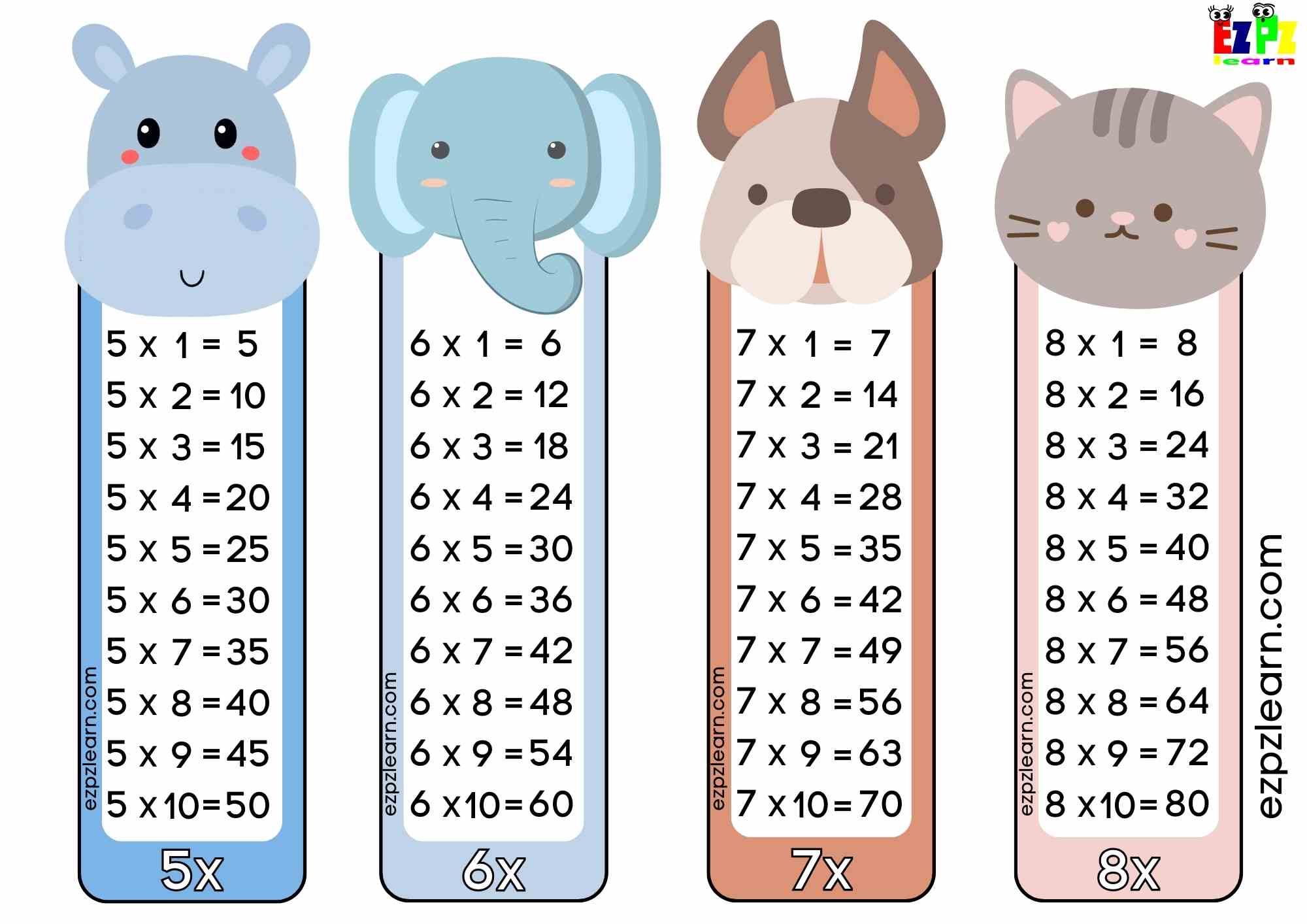 Fun Multiplication Times Table With Cute Animals For Kid s Math 5x 6x 